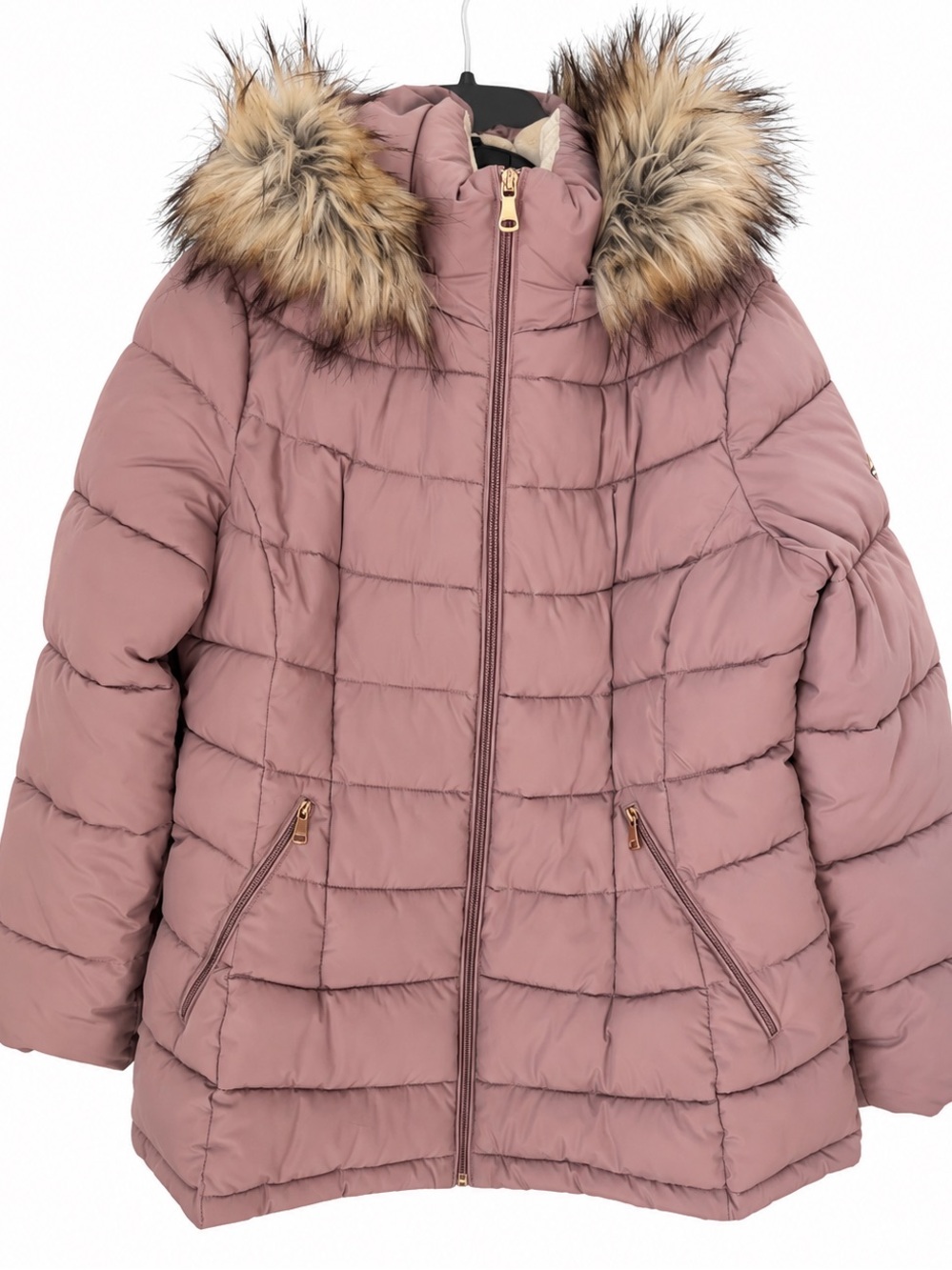 Calvin Klein Mauve Pink Puffer Coat Faux Fur Winter Jacket 2°F Warmth Factor L